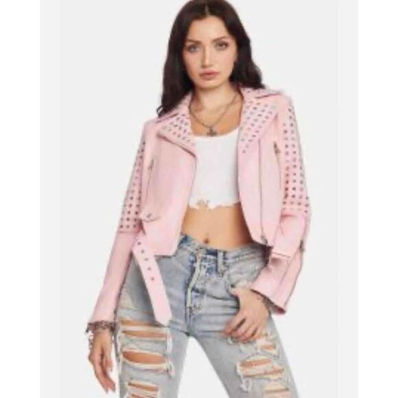 Azalea Wang Jackets & Blazers - Azalea Wang Pink Studded Zippered Rosalita Biker Jacket Medium